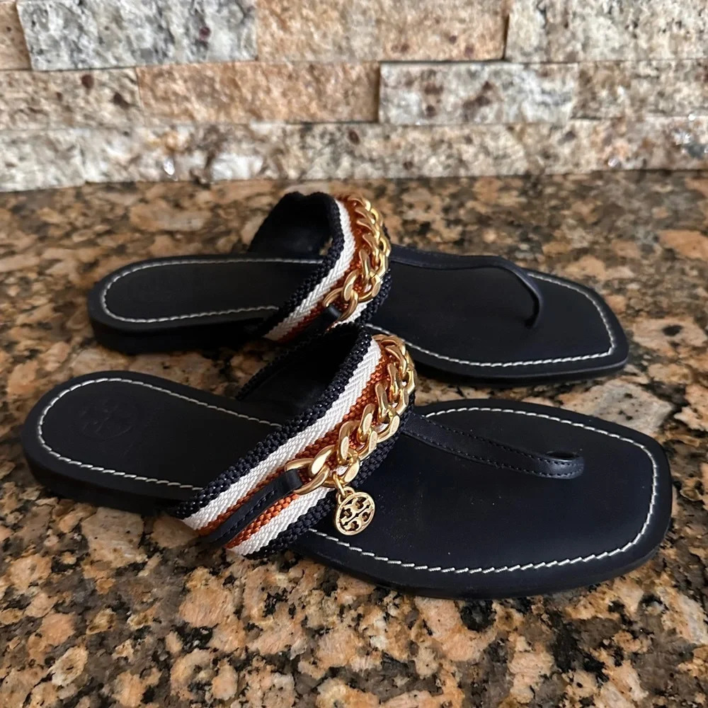 Tory Burch Mini Benton Gold Chain Band Sandal Navy Yonder